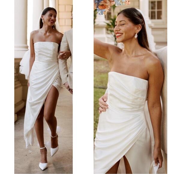 Sau Lee Priyanka Ivory White Strapless Ruched Satin Maxi Dress Size 6 - Picture 4 of 12